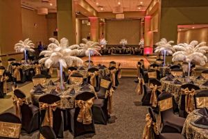 Elegant and fanciful Gold and Black room set with Feather Palm Centerpieces, Wedding at the Red Oak Ballroom B in Fort Worth, Sundance Square