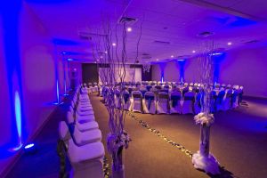 Unique White and Blue Setup for a Wedding Ceremony at the Red Oak Ballroom in Fort Worth, Sundance Square