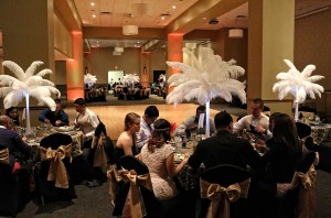Elegant and fanciful Gold and Black room set with Feather Palm Centerpieces, Wedding at the Red Oak Ballroom B in Fort Worth, Sundance Square