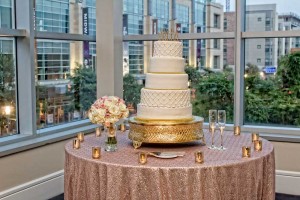 Wedding Cake Display Table with fabulous views at the Red Oak Ballroom in Houston, CityCentre