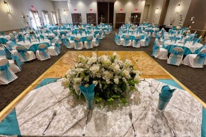 Elegant Light Blue and White room setup from Raised Head Table, Wedding at the Red Oak Ballroom in Austin