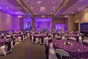 Elegant Purple and White room set with Textured Table Overlays, Wedding at the Red Oak Ballroom B in Fort Worth, Sundance Square
