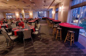 Elegant black and red Holiday Party set with gaming tables and fabulous view, Houston, CityCentre