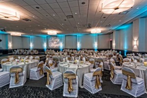 Beautiful Gold and White room setup at the Red Oak Ballroom A in San Antonio