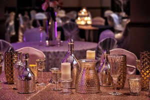 Elegant Gold, Silver and Copper Glass Decor with textured table linens for a Wedding Reception at the Red Oak Ballroom B in Fort Worth, Sundance Square