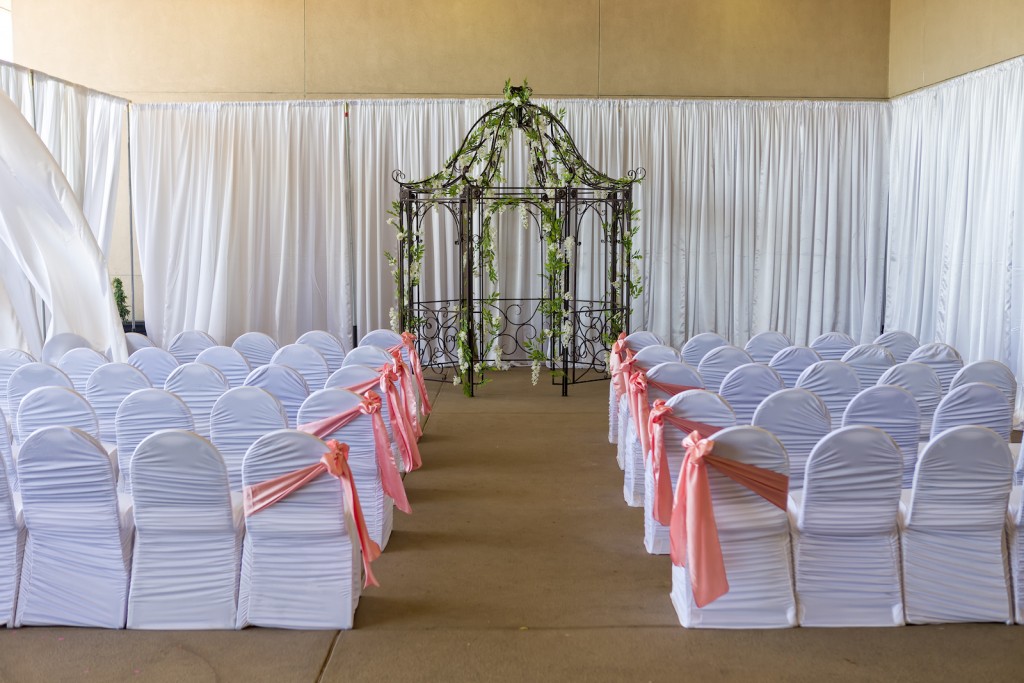 Red Oak Ballroom, San Antonio North Park. view of the Patio at Red Oak Ballroom-B set for a Wedding Ceremony