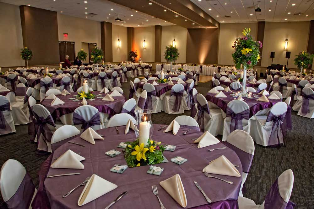Purple and White Room set with Specialty Floral for a Wedding at the Red Oak Ballroom in Austin