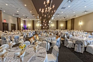 Silver and White Room set with Centered Dance Floor for a Wedding at the Red Oak Ballroom in Austin