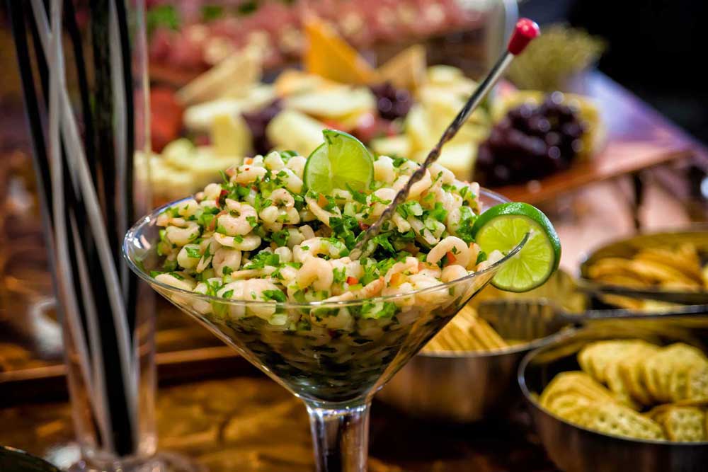 Parties Catering, specialty Shrimp Ceviche in giant martini glass
