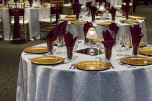 Red Oak Ballroom, Austin, chivari chairs, chair ties, table cloth overlays, gold chargers