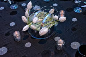 Dramatic Black and Silver Table Theme with Specialty Floral for a Social Event at the Red Oak Ballroom in Austin
