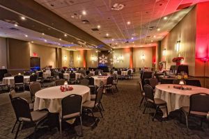 Fun, colorful Holiday Party set, with snowflake gobo and uplighting, Red Oak Ballroom in Austin