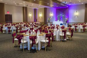Red Oak Ballroom, Austin, chivari chairs, chair ties, table cloth overlays, gold chargers